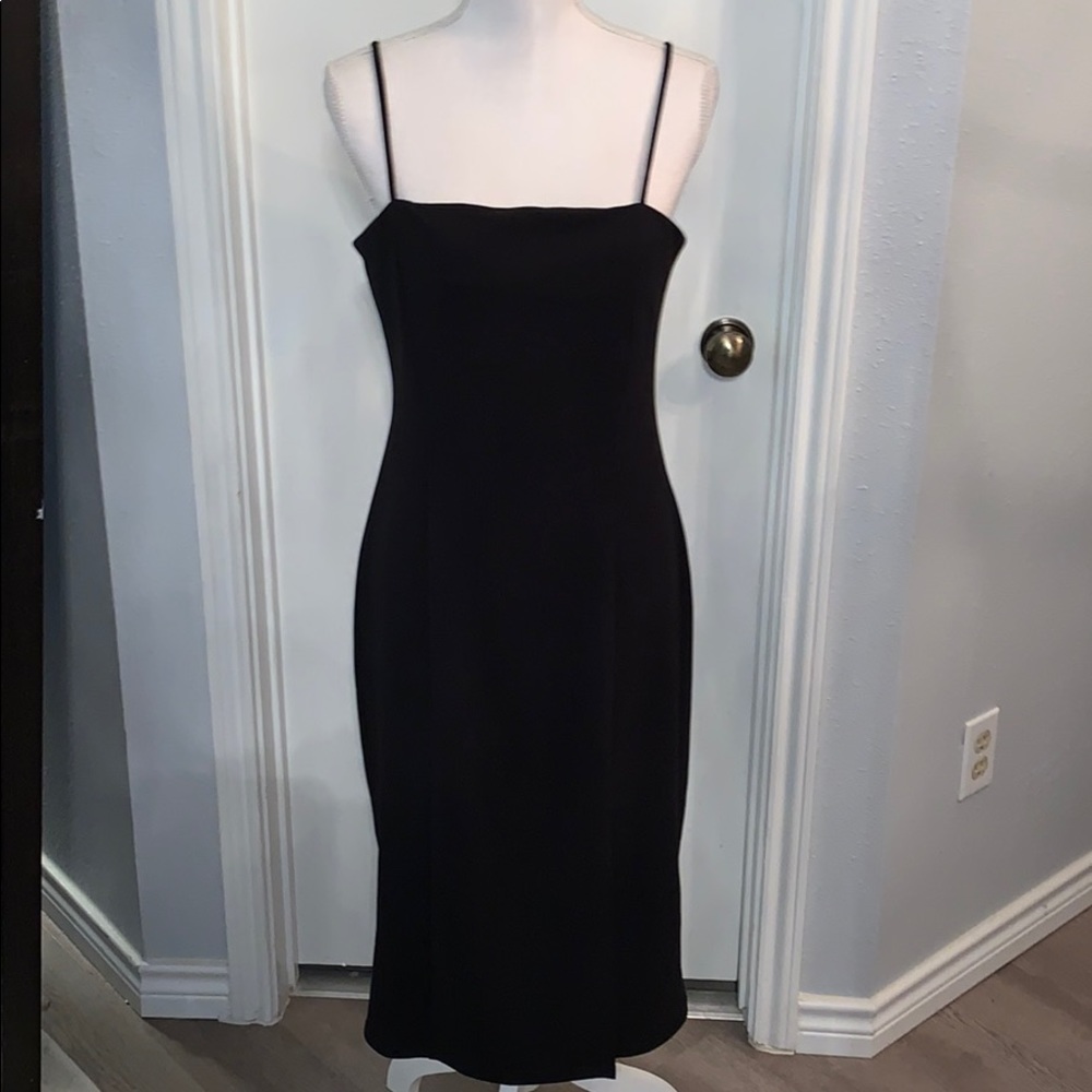Black strappy midi dress with front slit
